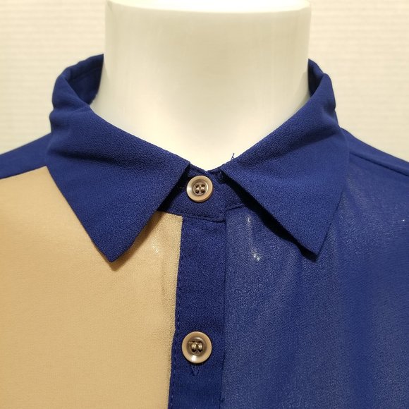 Honey Punch top Medium colorblock button up down sheer side split HT2592 - Picture 8 of 12